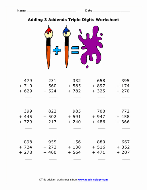 3 Addends Worksheets Beautiful Adding 3 Addends that are Triple Digits