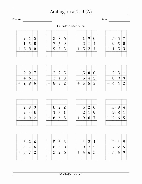 3 Addends Worksheets Beautiful Adding Three 3 Digit Numbers On A Grid A