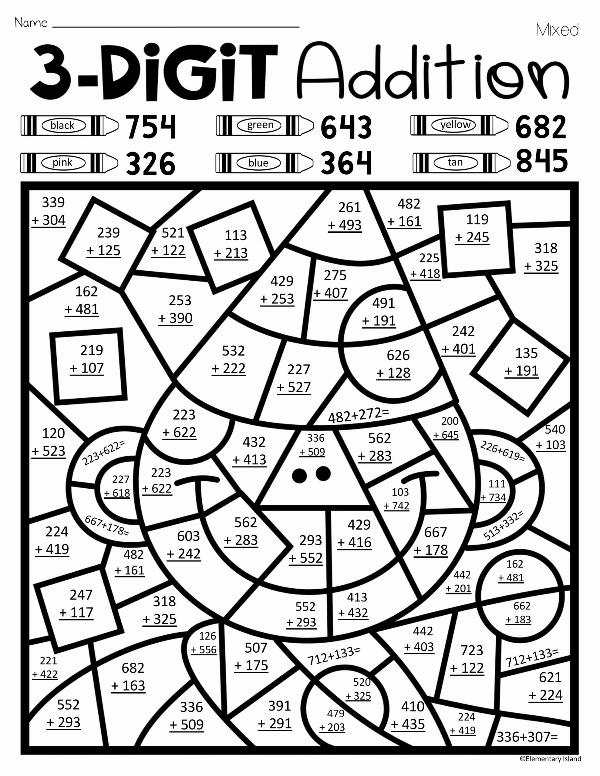 3 Digit Addition Coloring Worksheets Awesome New Year S Three Digit Addition Color by Number with and