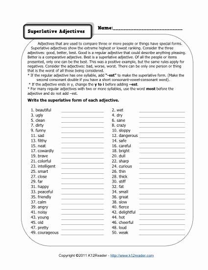 3rd Grade Adjectives Worksheets Beautiful Superlative Adjectives Worksheets