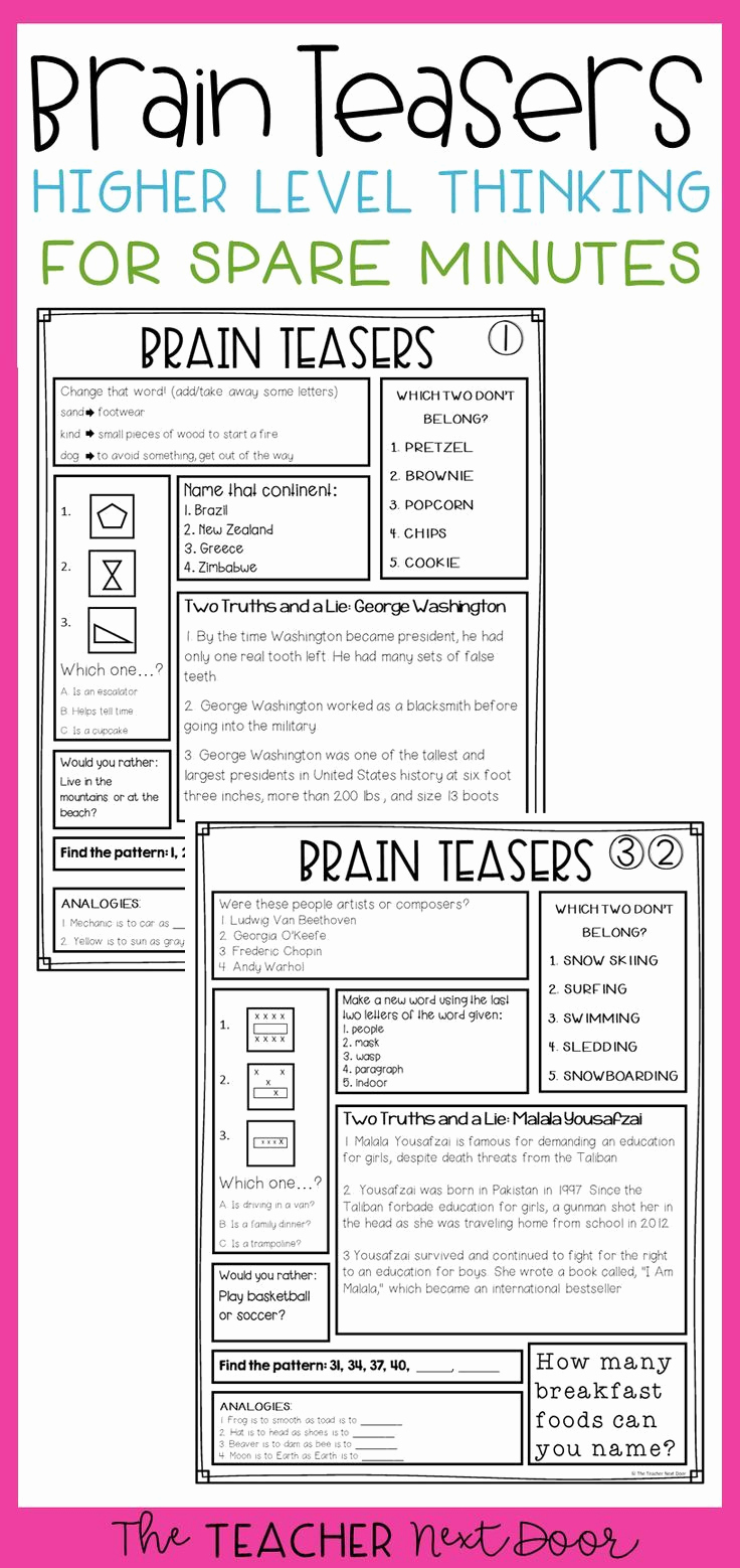 3rd Grade Brain Teasers Worksheets Awesome Brain Teasers for Transitions for 3rd 5th Grade