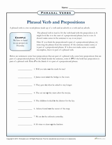 3rd Grade Preposition Worksheets Fresh Phrasal Verbs and Prepositions Worksheet 3rd 4th 5th Grade