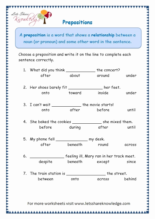 3rd Grade Preposition Worksheets Unique Grade 3 Grammar topic 17 Prepositions Worksheets Lets