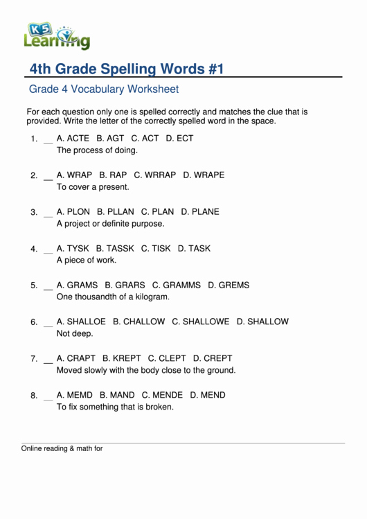 4th Grade Vocabulary Worksheets Pdf Awesome 4th Grade Spelling Words 1 Grade 4 Vocabulary Worksheet