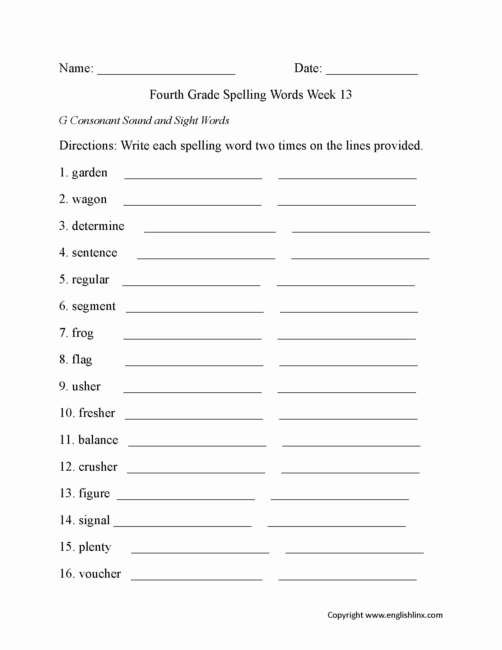 4th Grade Vocabulary Worksheets Pdf Awesome Week 13 G Consonant Fourth Grade Spelling Worksheets