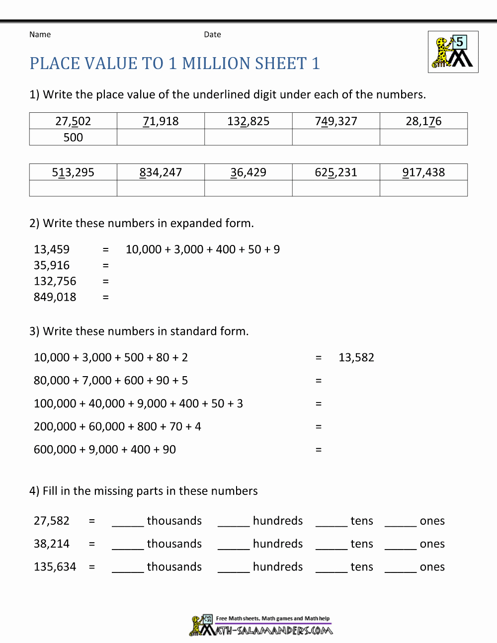 5th Grade Expanded form Worksheets Awesome 5th Grade Math Worksheets Place Value to 1 Million 1