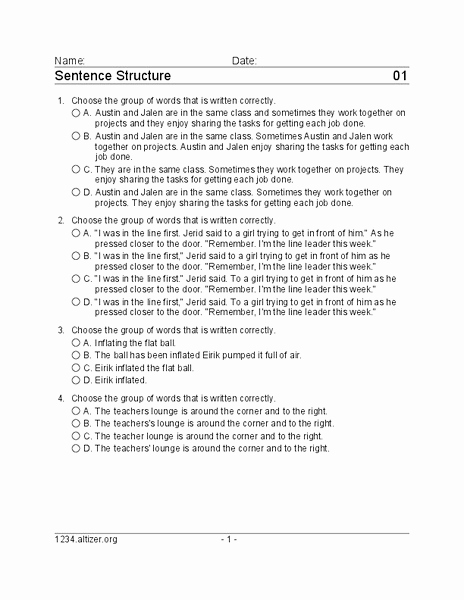 6th Grade Sentence Structure Worksheets New Sentence Structure Worksheet for 6th 10th Grade