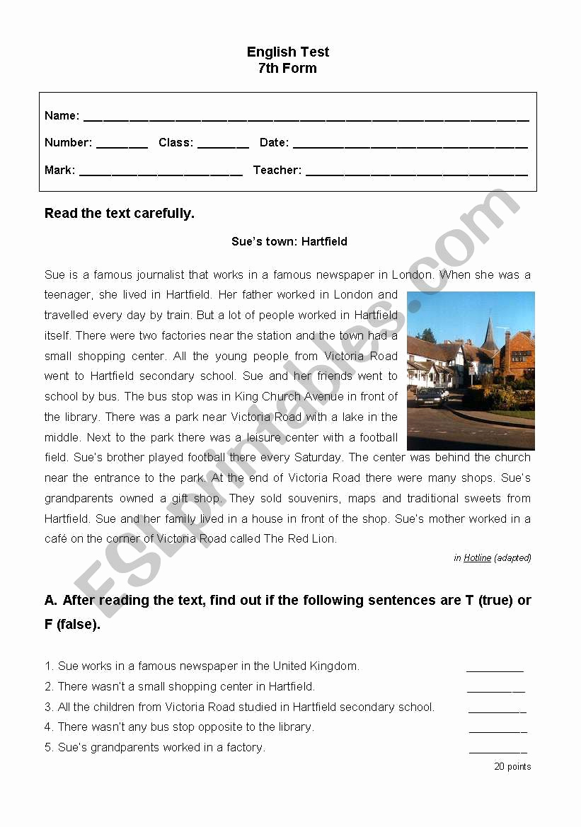 7th Grade Grammar Worksheets Pdf New English Test 7th Grade Part I Esl Worksheet by