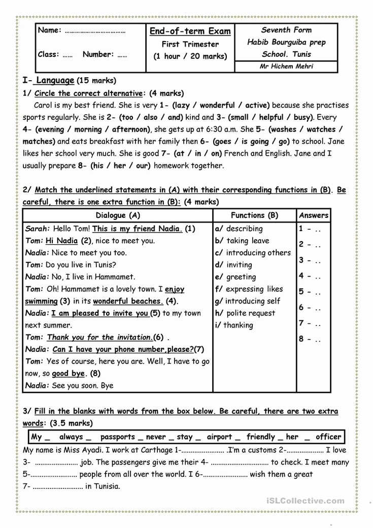 7th Grade Language Arts Worksheets New 7th Grade Language Arts Worksheets End Term Exam N1 8th