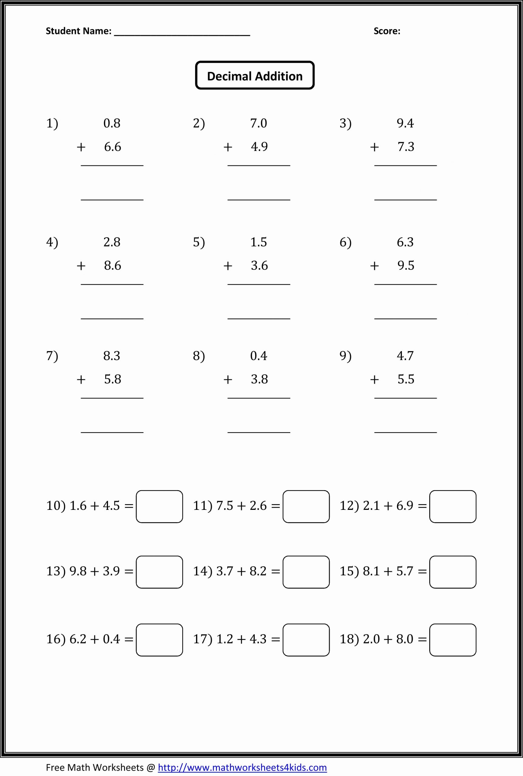 Adding Decimals Horizontal Worksheet Lovely Adding Decimals Worksheet