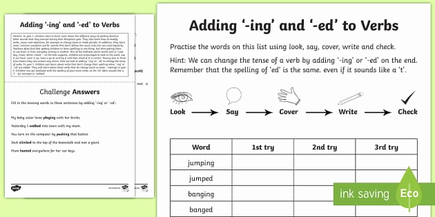Adding Ed and Ing Worksheets Unique Year 1 Spelling Practice Adding Ing and Ed to Verbs
