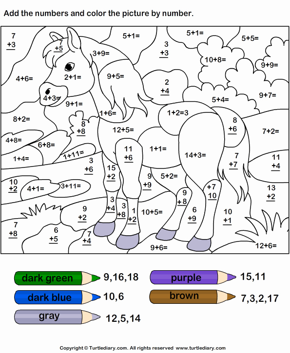 Addition Coloring Worksheets for Kindergarten New Color by Adding Numbers Turtlediary