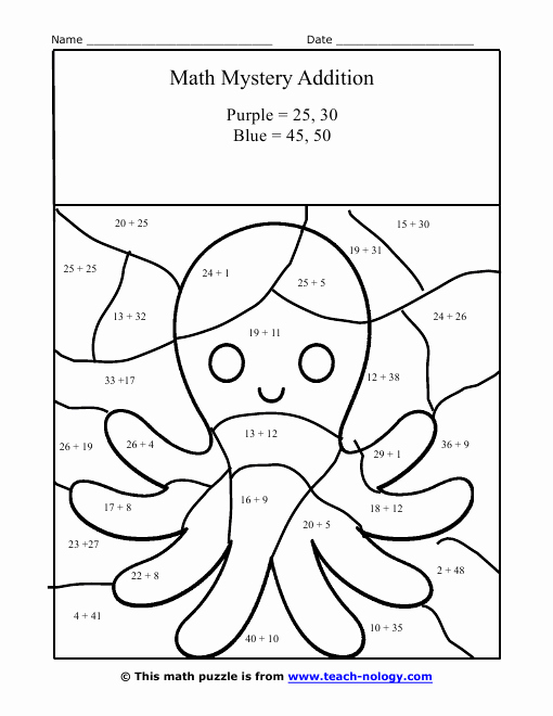 Addition Mystery Picture Worksheets Lovely Mystery Octopus Addition Worksheet