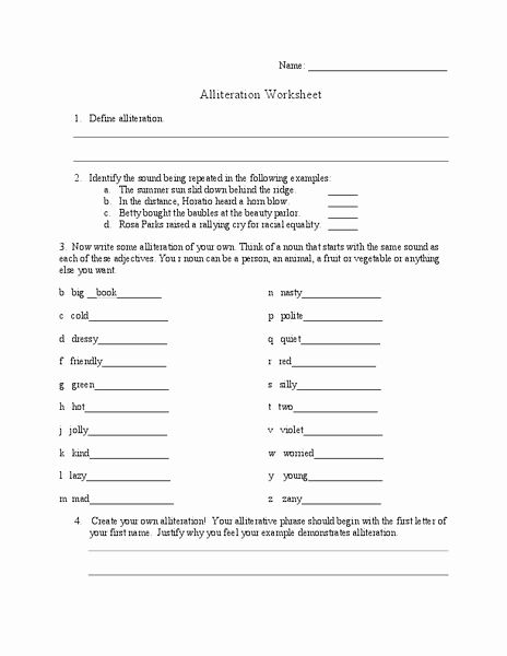 Alliteration Worksheets 4th Grade Elegant Alliteration Worksheet Worksheet for 4th 6th Grade
