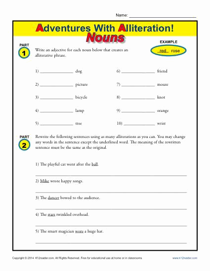 Alliteration Worksheets 4th Grade Inspirational Alliteration and Nouns