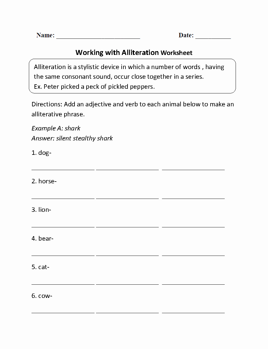 Alliteration Worksheets 4th Grade Lovely Figurative Language Worksheets