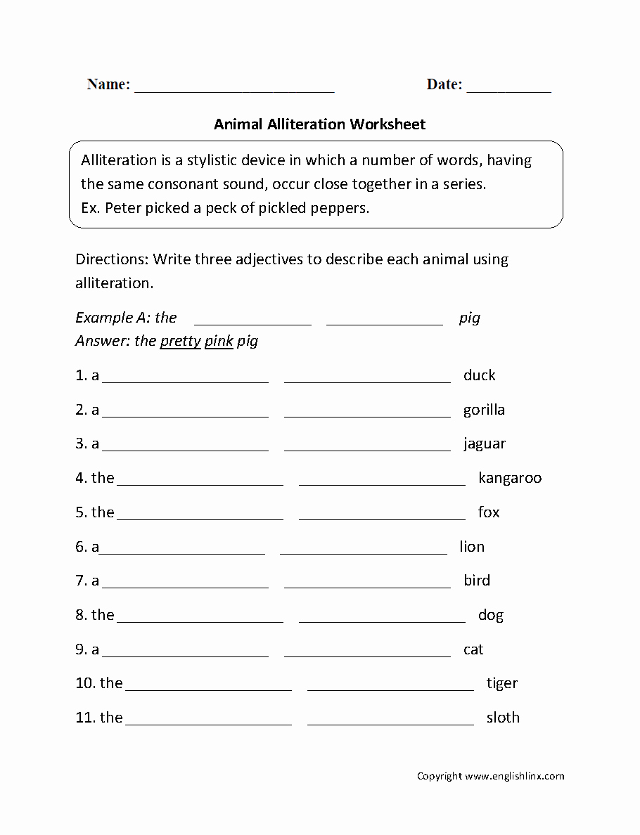 Alliteration Worksheets 4th Grade New Figurative Language Worksheets