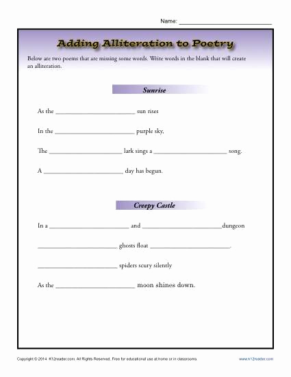 Alliteration Worksheets 4th Grade Unique Adding Alliteration to Poetry