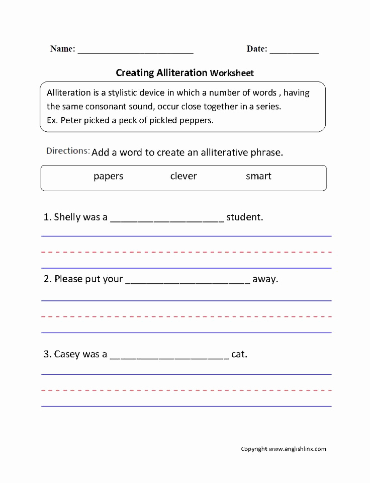 Alliteration Worksheets with Answers Awesome Creating Alliteration Worksheet