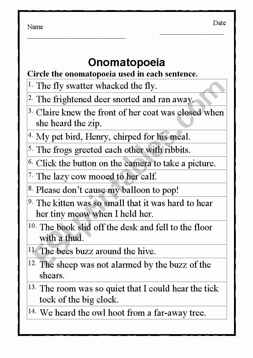 Alliteration Worksheets with Answers Awesome Omatopoeia Esl Worksheet by Jonac