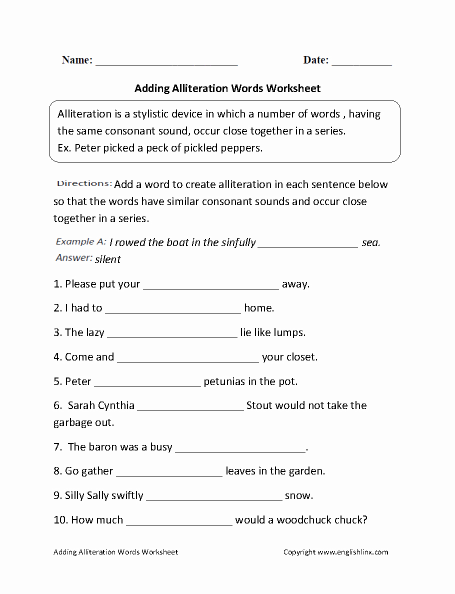 Alliteration Worksheets with Answers Inspirational 16 Best Of 6th Grade Sentence Structure Worksheets