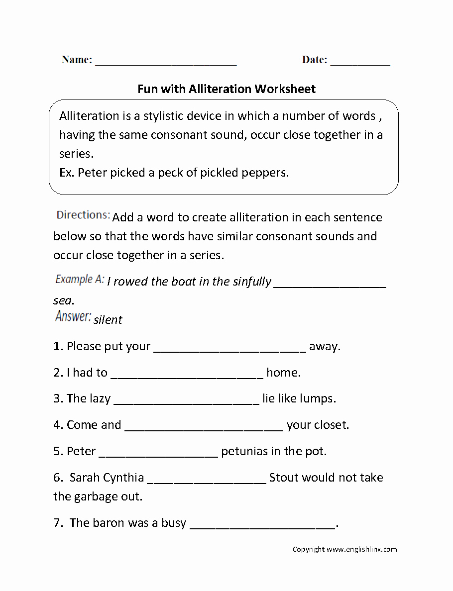 Alliteration Worksheets with Answers Inspirational Alliteration assonance Consonance Worksheet