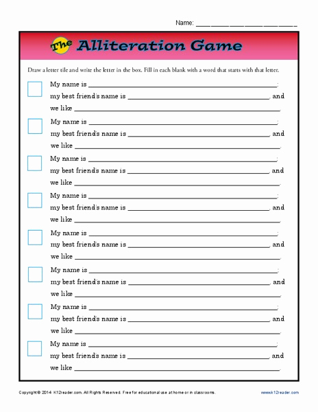 Alliteration Worksheets with Answers Luxury Alliteration Game Worksheet for 2nd 3rd Grade