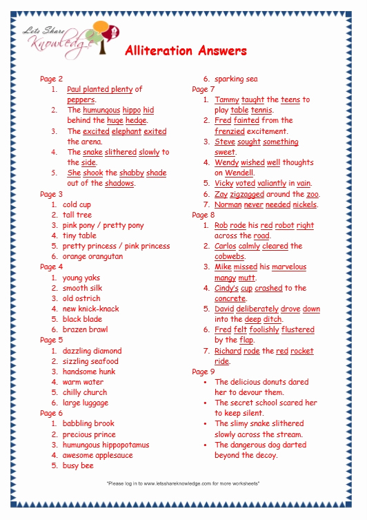 Alliteration Worksheets with Answers Luxury Grade 3 Grammar topic 33 Alliteration Worksheets Lets