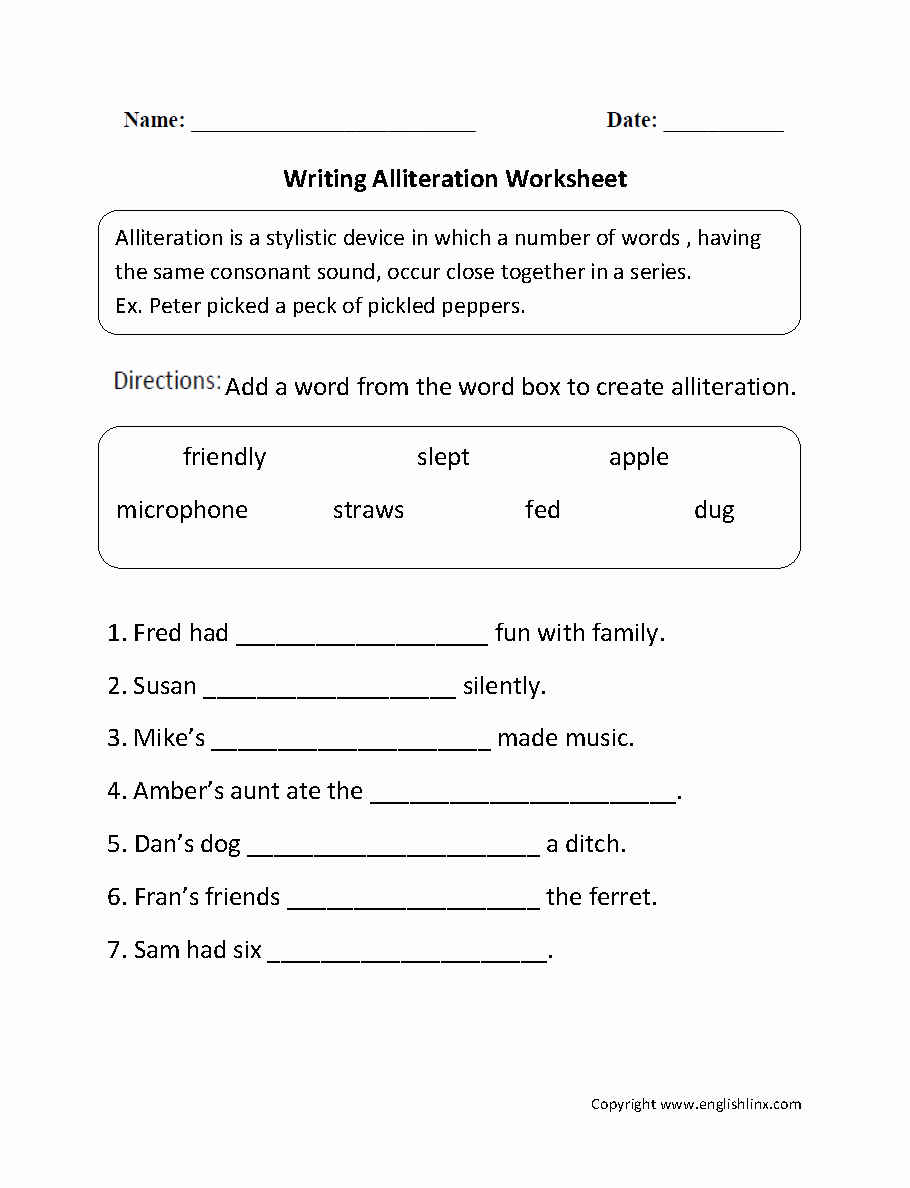Alliteration Worksheets with Answers Luxury Writing Alliteration Worksheet
