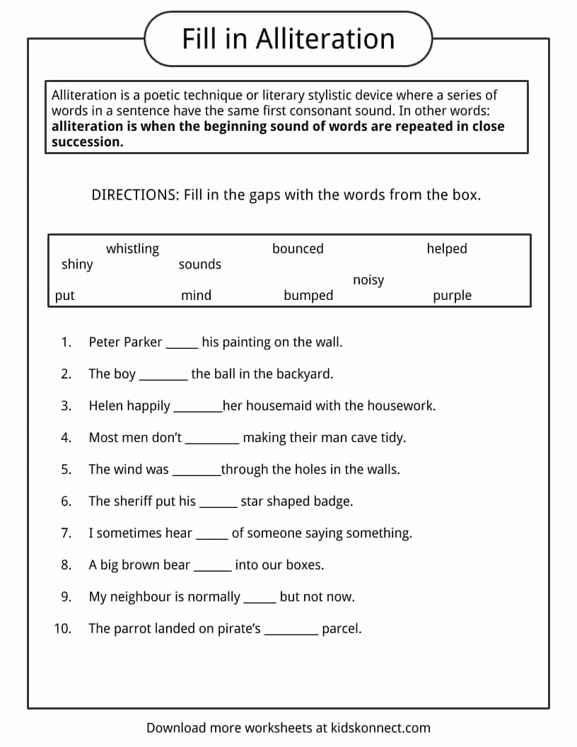 Alliteration Worksheets with Answers Unique 20 Alliteration Worksheets for Middle School Dzofar