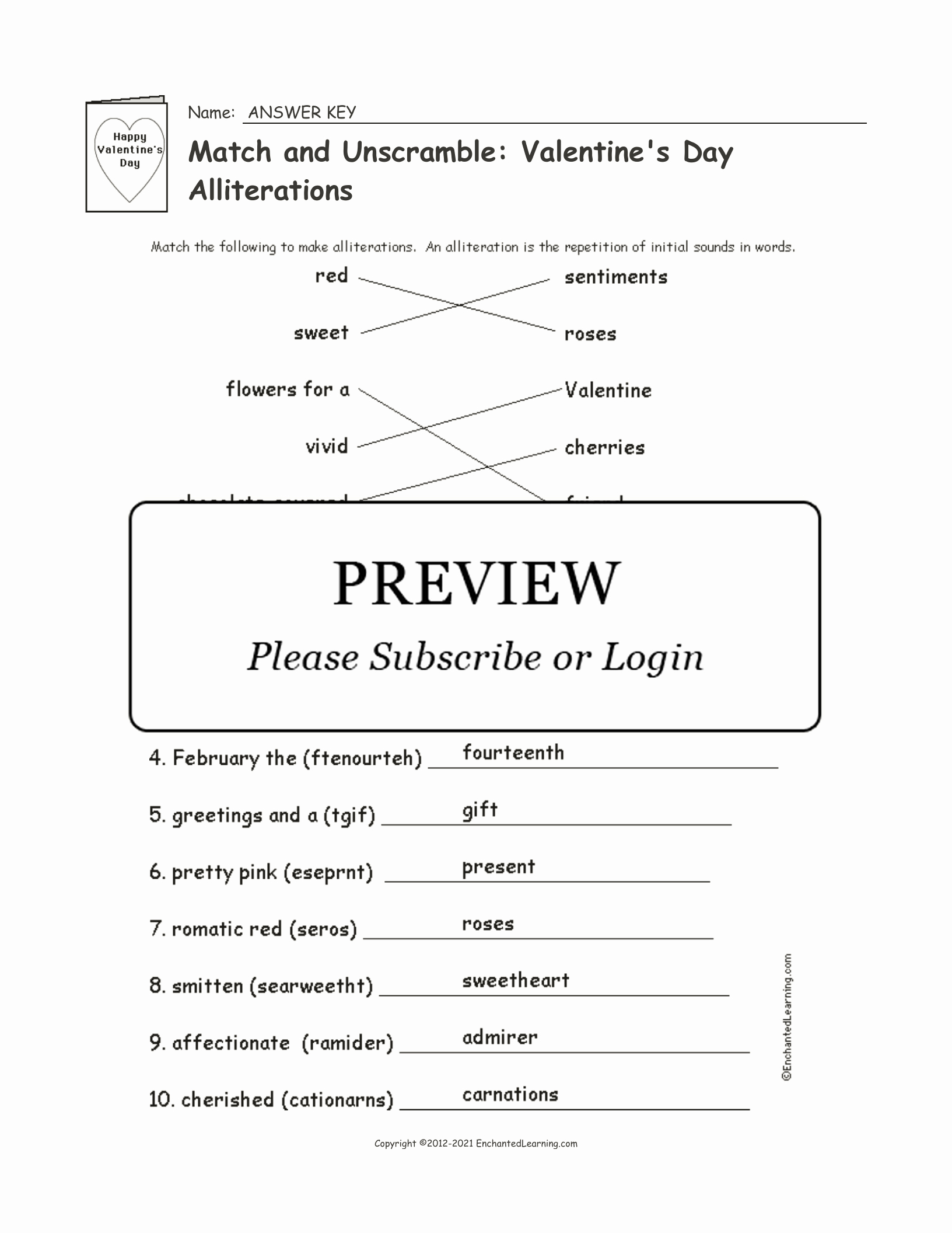 Alliteration Worksheets with Answers Unique Match and Unscramble Valentine S Day Alliterations