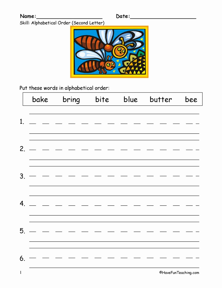 Alphabetical order Worksheets 2nd Grade New Alphabetical order to the Second Letter Worksheet