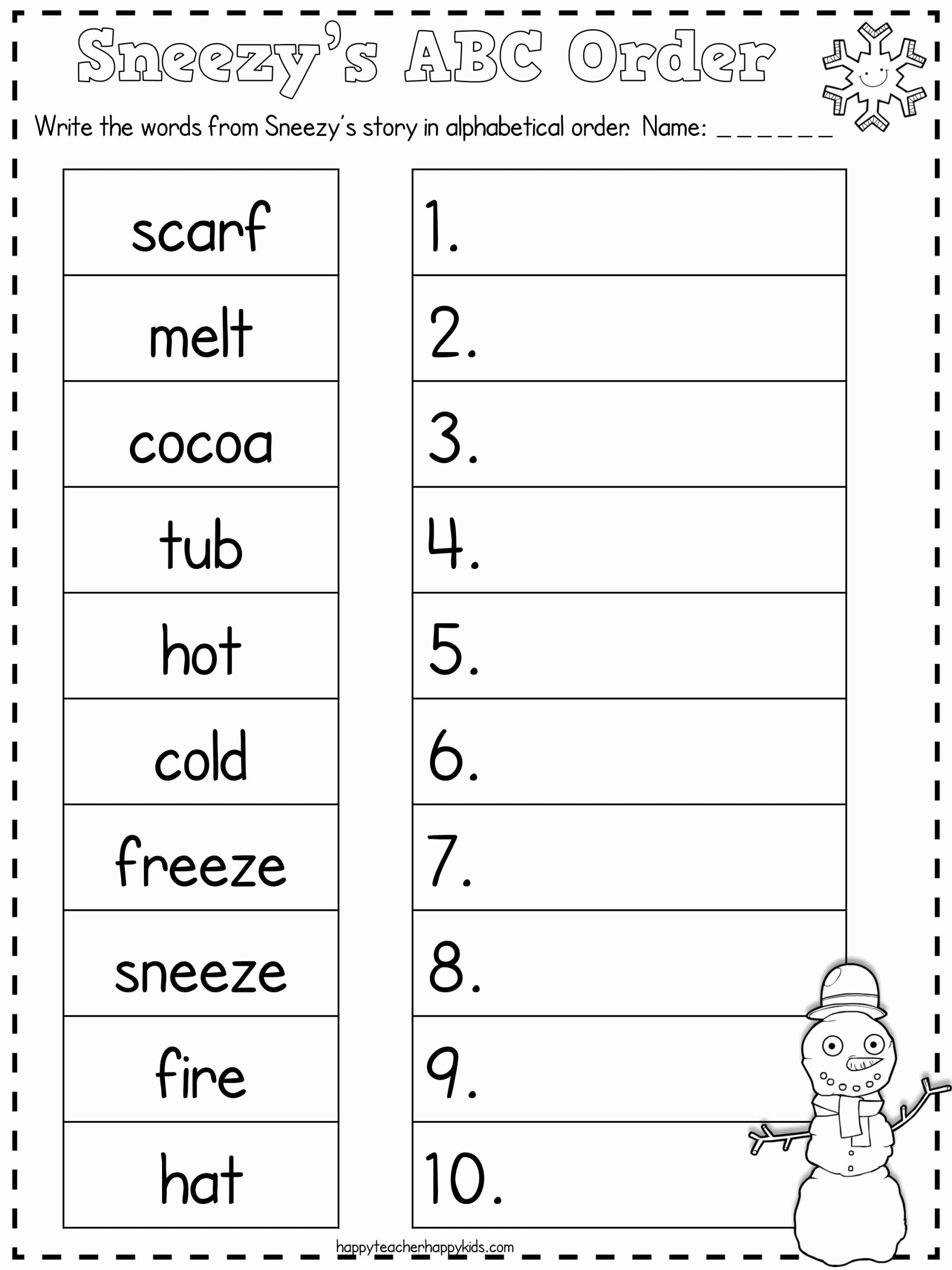 Alphabetical order Worksheets 2nd Grade New Sneezy the Snowman Ideas