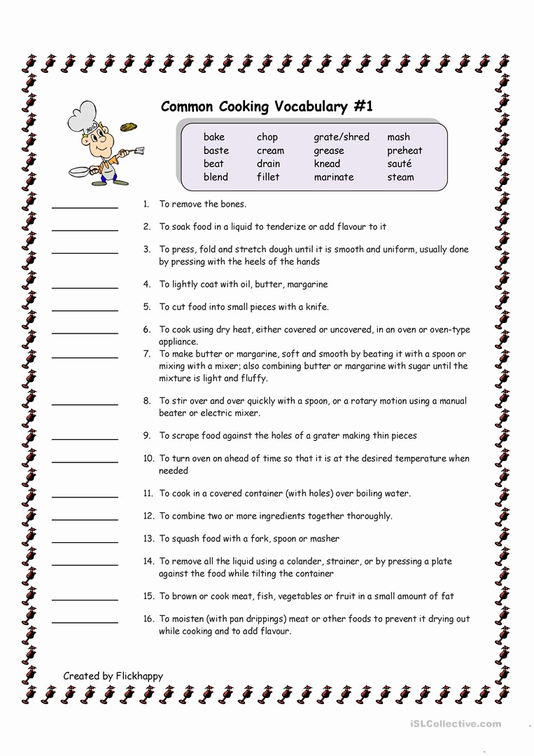 Basic Cooking Skills Worksheets Awesome 31 Basic Cooking Terms Worksheet Worksheet Project List