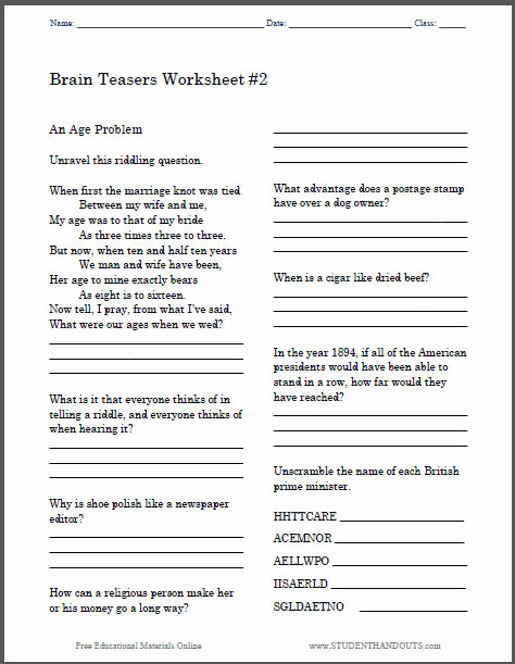 Brain Teaser Worksheets Pdf Fresh Brain Teasers Worksheet 2