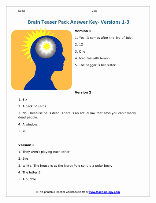 Brain Teasers Worksheet 2 Answers Awesome Brain Teaser Worksheet Answers for Version 1 to 6