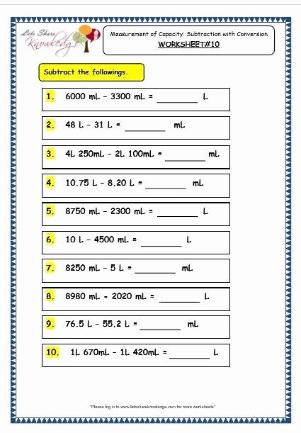 Capacity Conversion Worksheet Inspirational Capacity Worksheets Kindergarten Grade 3 Maths Worksheets