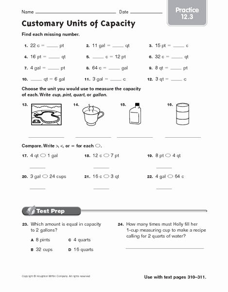 Capacity Conversion Worksheet New Customary Units Of Capacity Practice 12 3 Worksheet for
