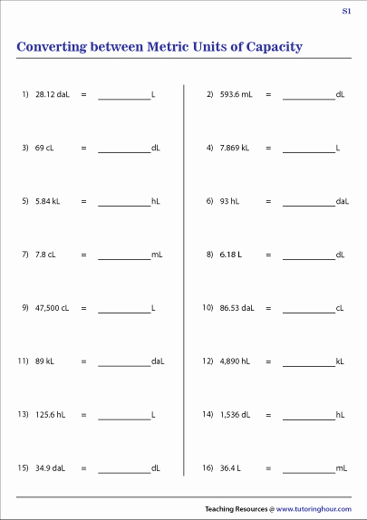 Capacity Conversion Worksheet Unique Conversion Of Metric Units Of Capacity Worksheets