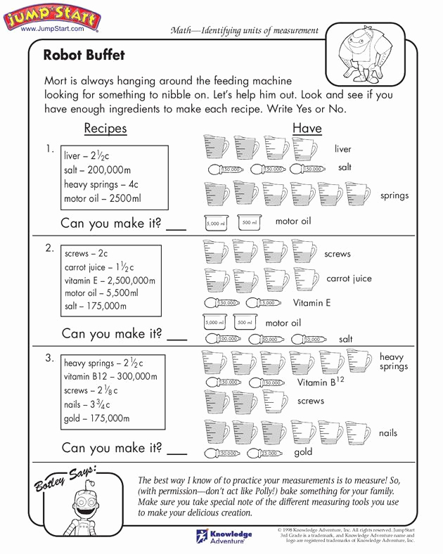 Capacity Worksheets 3rd Grade Beautiful &quot;robot Buffet&quot; – 3rd Grade Measurement Worksheets for Kids