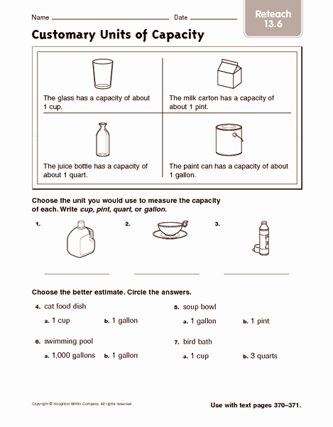 Capacity Worksheets 3rd Grade Unique Customary Units Of Capacity Reteach Worksheet for 2nd