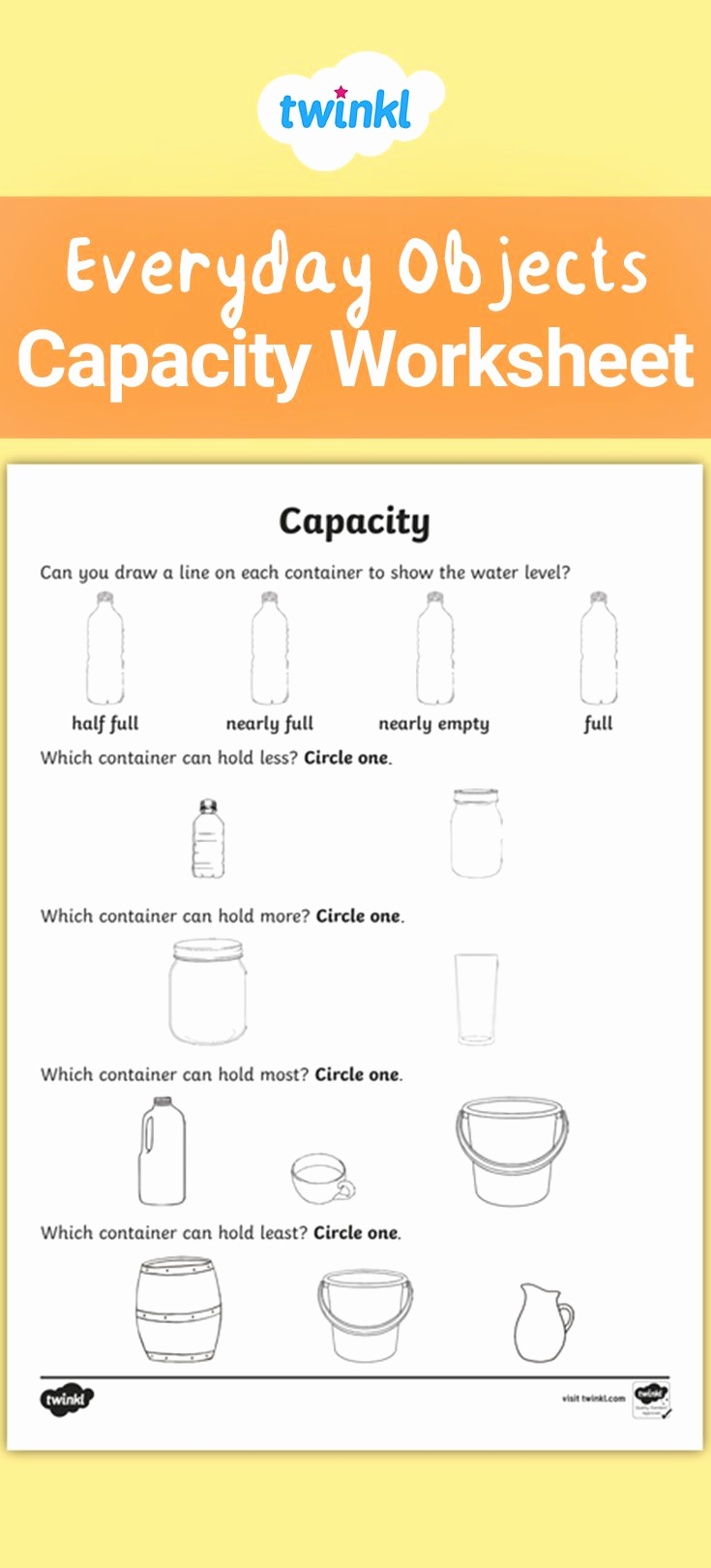 Capacity Worksheets Kindergarten Luxury Everyday Objects Capacity Worksheet