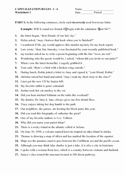Capitalization Worksheet Middle School Awesome Capitalization Rules 1 6 Worksheet for 6th 8th Grade