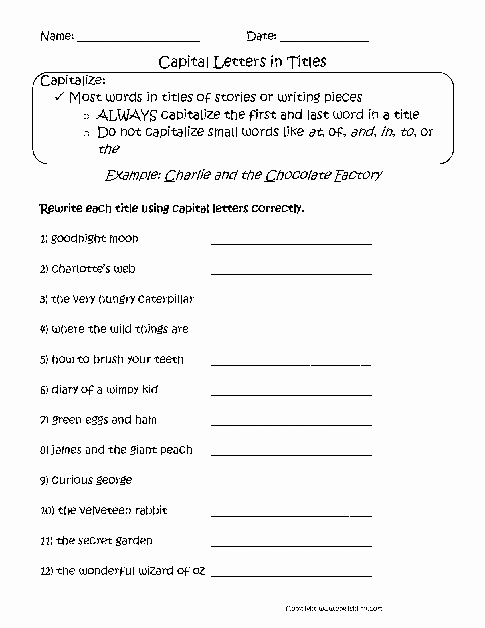 Capitalization Worksheet Middle School Elegant Titles Capitalization Worksheets School Work