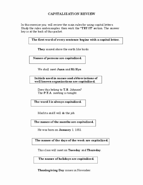 Capitalization Worksheets for 2nd Grade Beautiful Capitalization Review Worksheet for 2nd 7th Grade