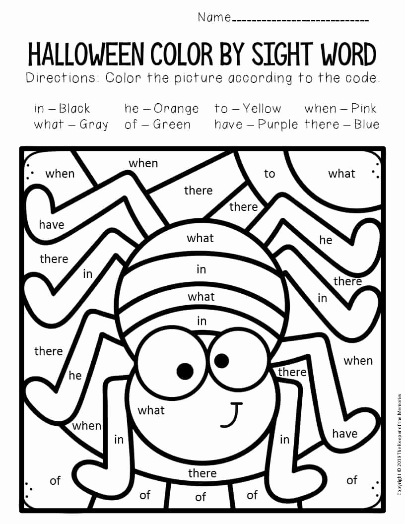 Color Sight Word Worksheets Elegant Spider Color by Sight Word Halloween Kindergarten
