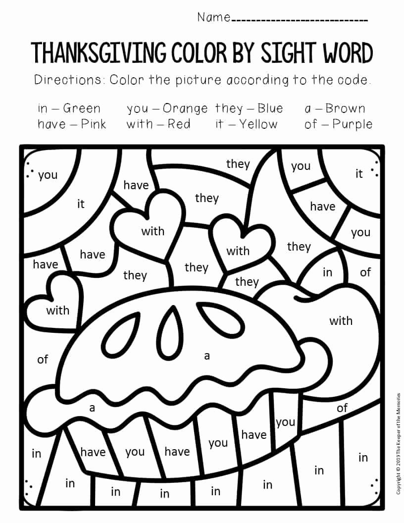 Color Sight Word Worksheets Unique Color by Sight Word Thanksgiving Kindergarten Worksheets