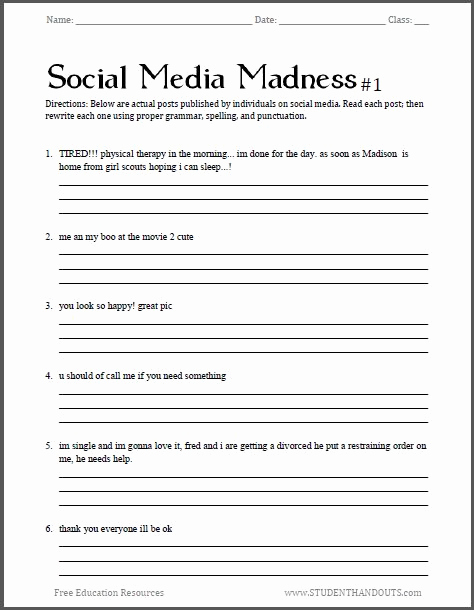 Comma Worksheets High School Pdf Best Of social Media Madness Grammar Worksheet 1