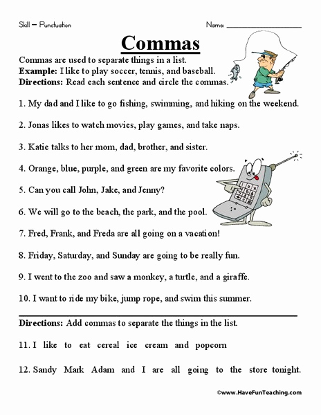 Comma Worksheet 4th Grade