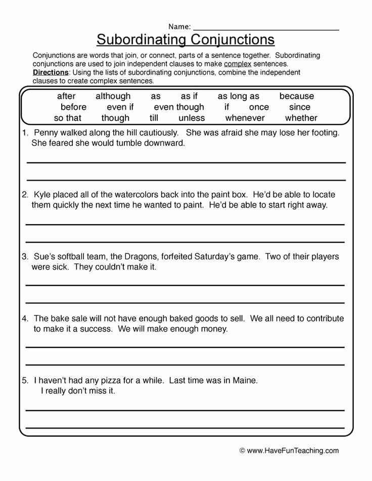 Complex Sentence Worksheets 4th Grade Luxury Subordinating Conjunctions Worksheets 4th Grade